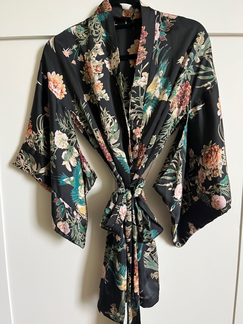 Dress Forum Black Floral Satin Wrap Robe  S